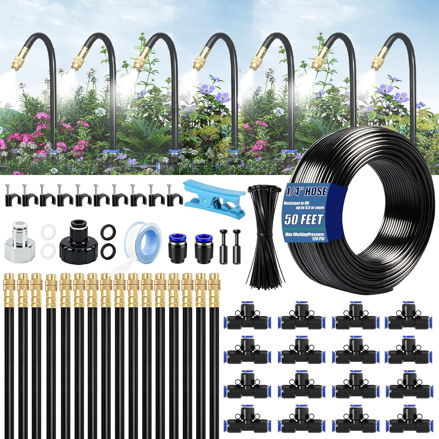 Dianrui Drip Irrigation System—50Ft 1/4″ Garden Watering System with 16Pcs Coppe