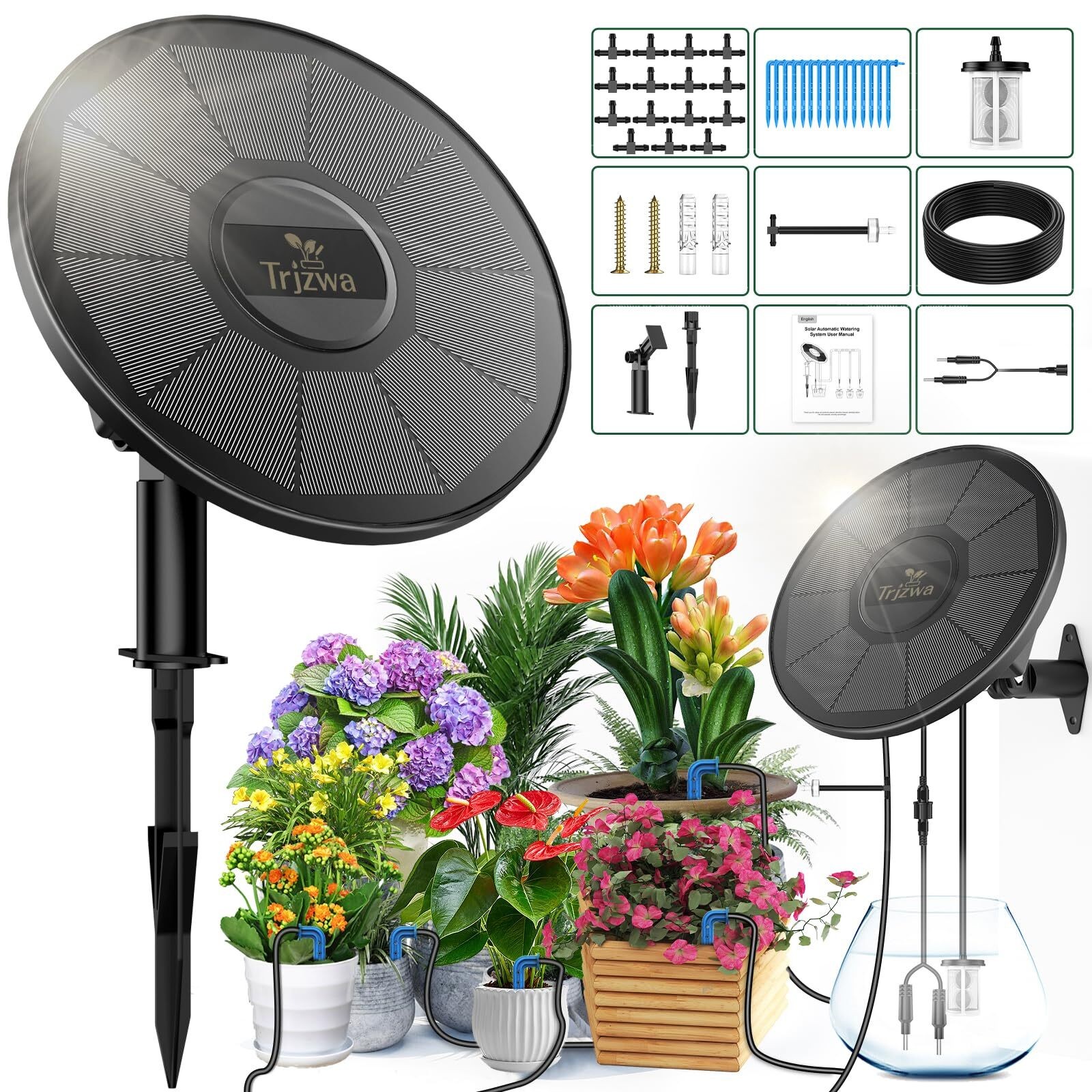 TRJZWA Solar Irrigation System ,Automatic Drip Irrigation Kit for Outdoor/Indoor