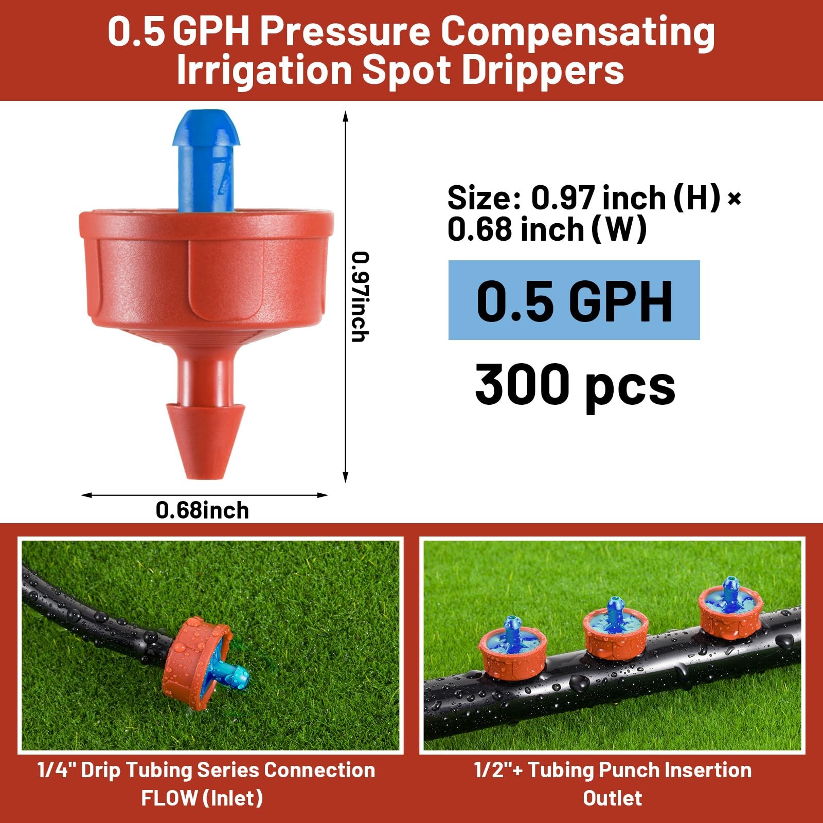 300 PCS 0.5 GPH Pressure Compensating Drip Irrigation Spot Watering Dripper, …