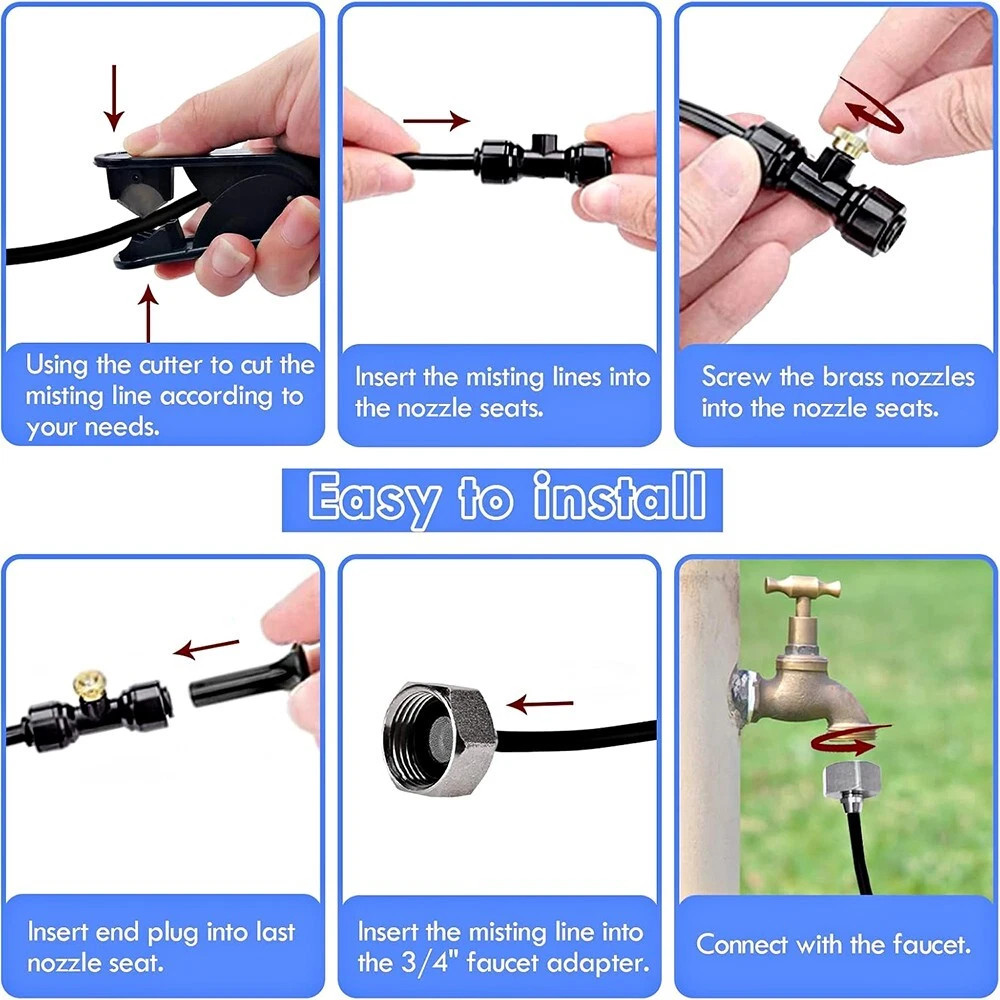 Misting Cooling System 98FT (30M) Misting Line + 30 Brass Mist Nozzles Garden US