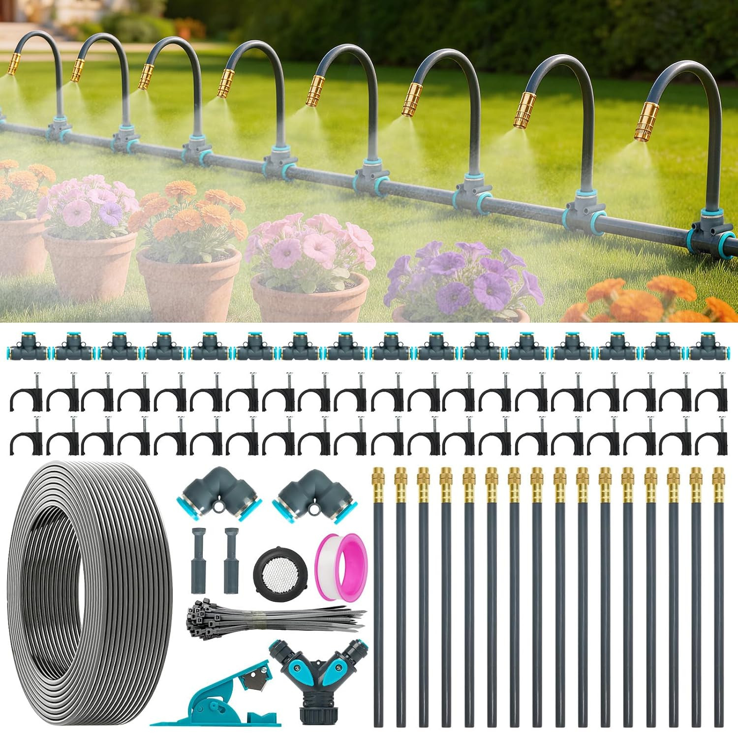 360° Adjustable Drip Irrigation System 100FT,5/16″ Garden Watering Kit with 16 C