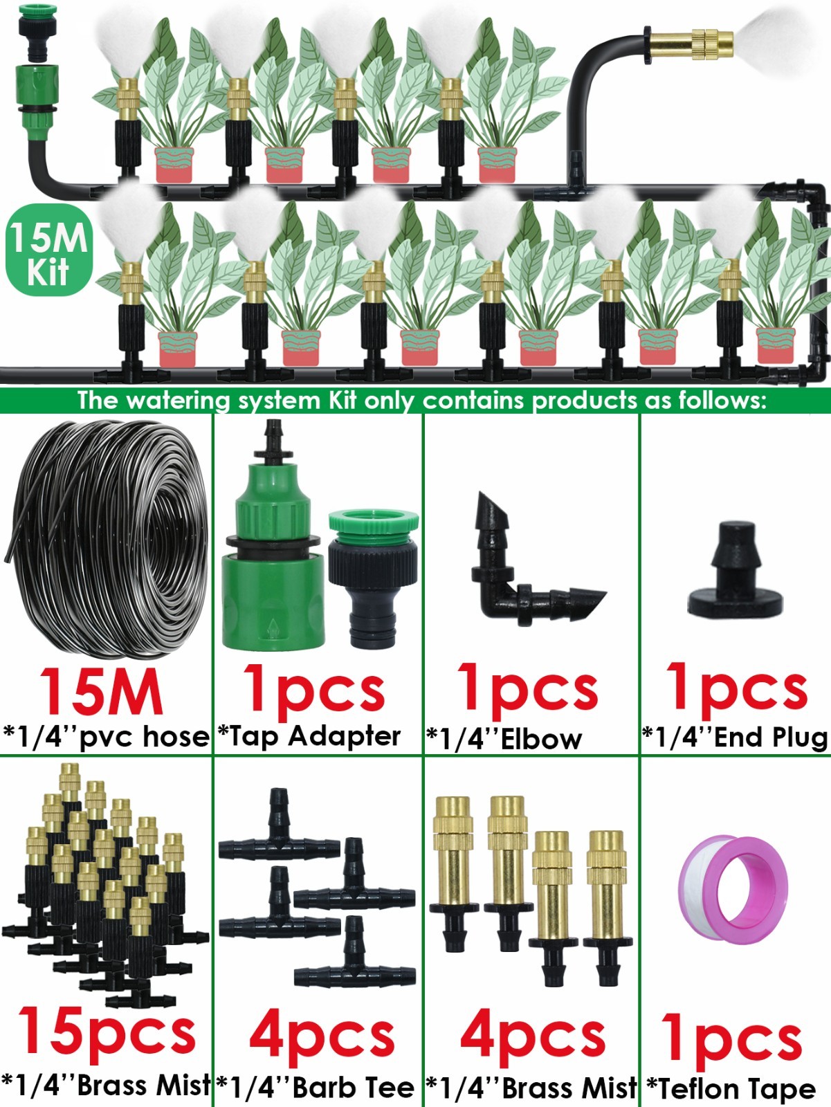 Outdoor Misting Cooling System Brass Nozzles 5-30M Patio Greenhouse Kit