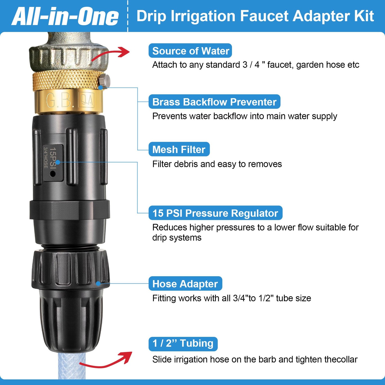 Feekoon 4 Set 15 Psi Drip Irrigation Faucet Adapter Kit 1/2 Tubing To 3/4