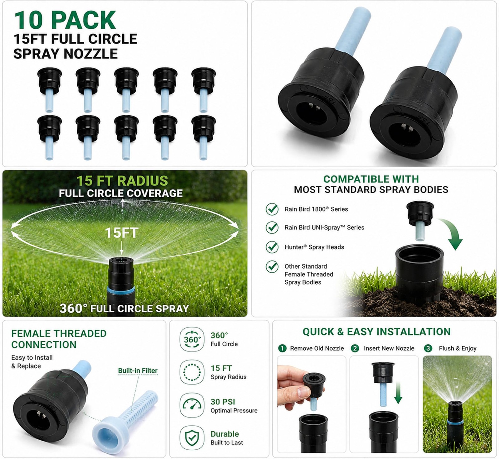 10 Pack 15 ft Full Circle Sprinkler Nozzle 360 Degree Spray Head, 30 PSI Opti…
