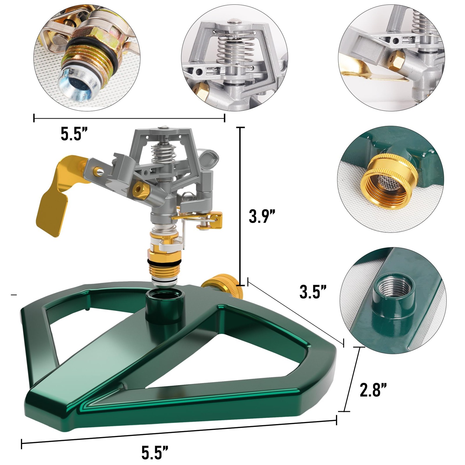 Pulsating Impact Sprinkler, Heavy Duty Zinc Sprinkler with Metal Base for Large