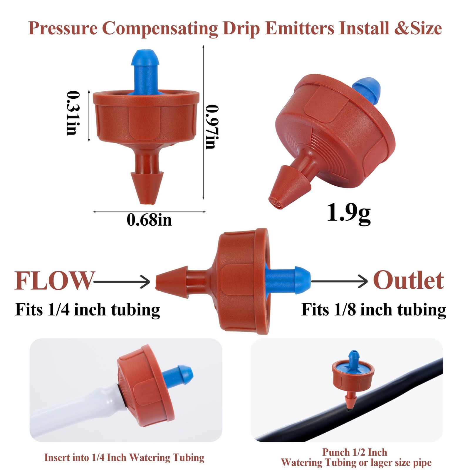 200 Pcs 0.5 GPH Pressure Compensating Drippers for 1/4 Inch Irrigation Tubing