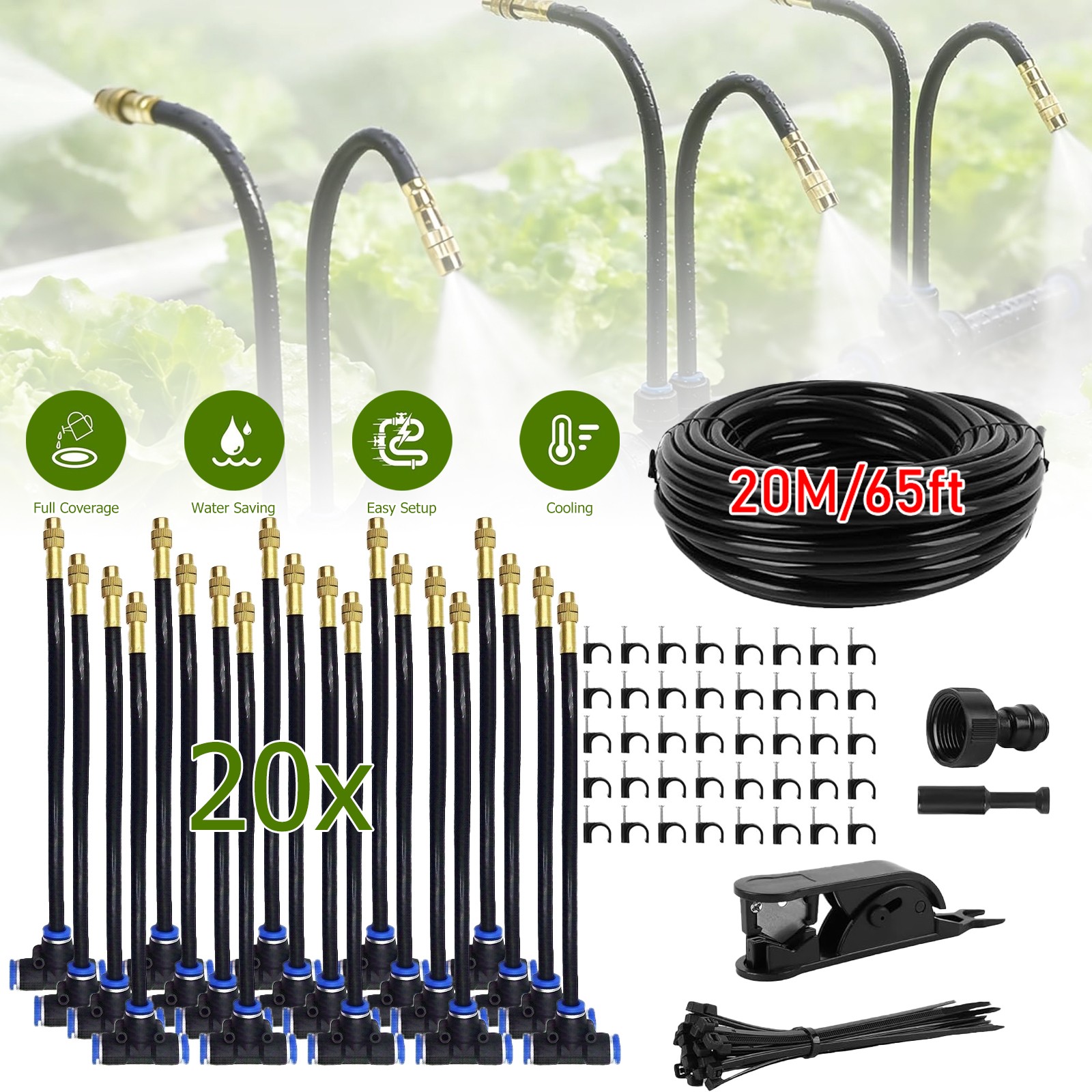 65ft Drip Irrigation System for Garden, Automatic Watering System Adjustable 360