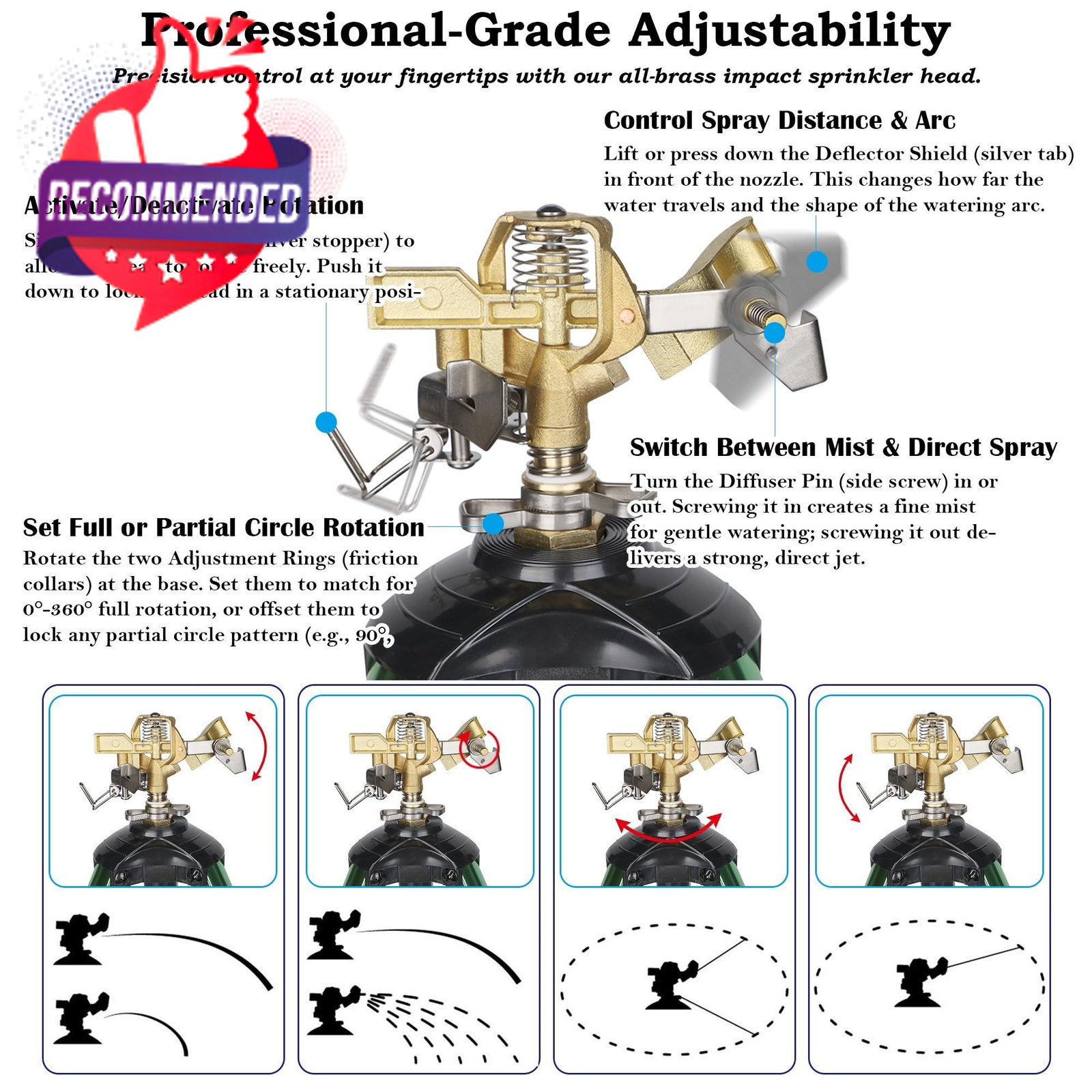 Impact Sprinkler On Tripod Base, 360° Adjustable Brass Sprinkler Head With