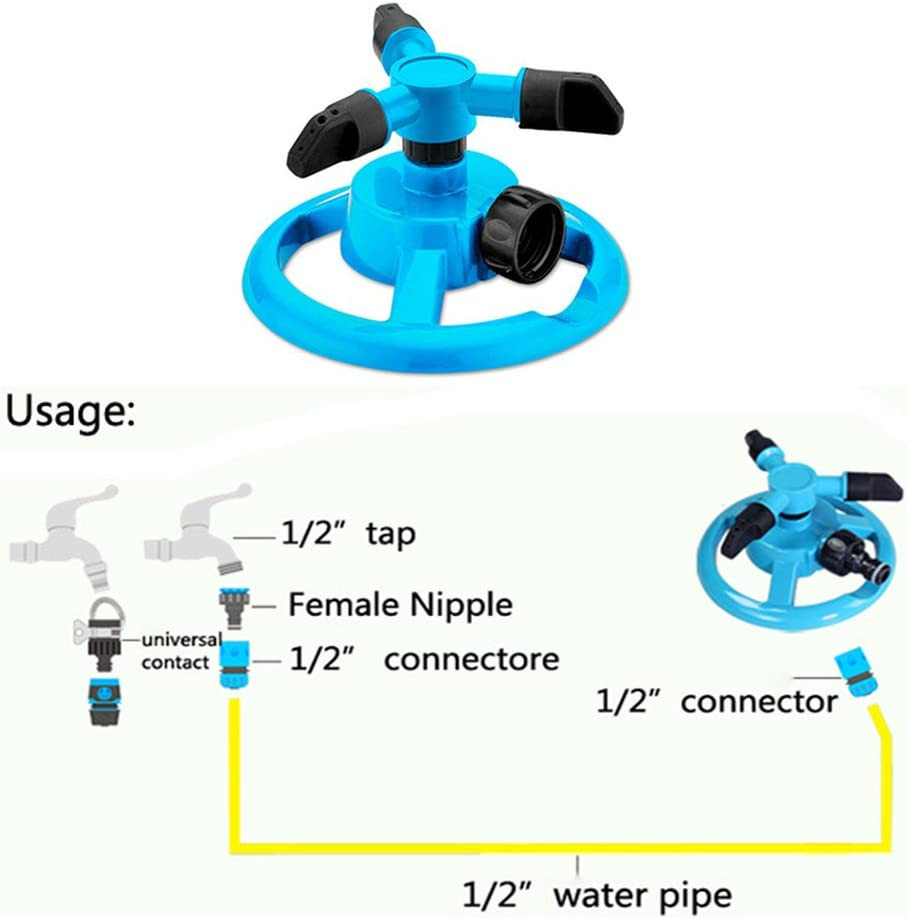 360 Rotating Lawn Sprinkler 3 Arm Garden Water Sprayer Kids Yard Irrigation