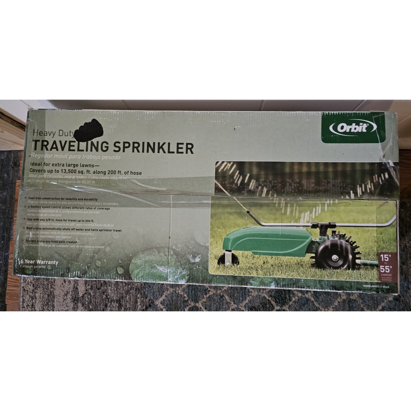 NIB Orbit Model 58322 – Heavy Duty Traveling Sprinkler – Cast Iron Green Tractor