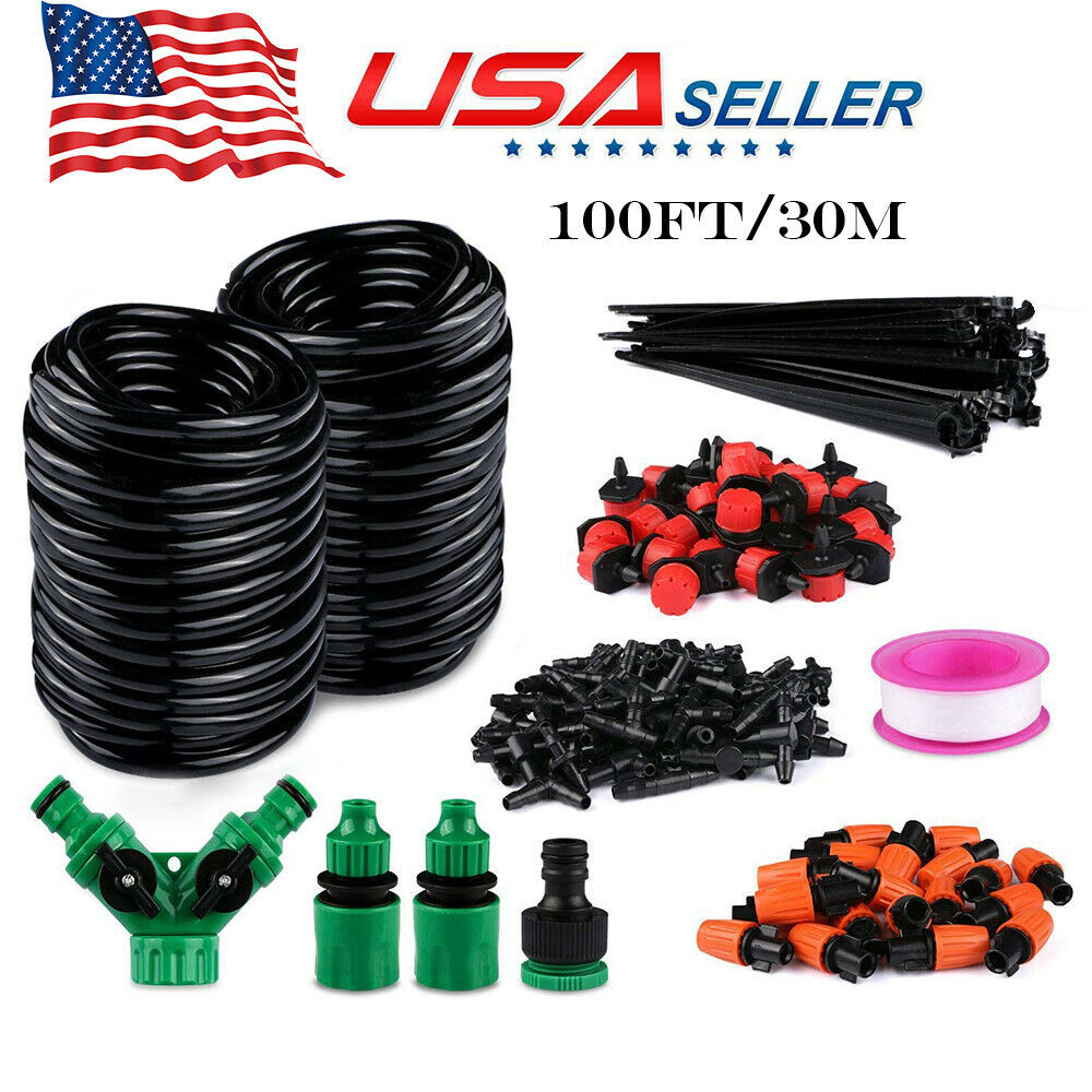 100FT Drip Irrigation System Plant Self Garden Watering Hose Spray Kit DIY USA