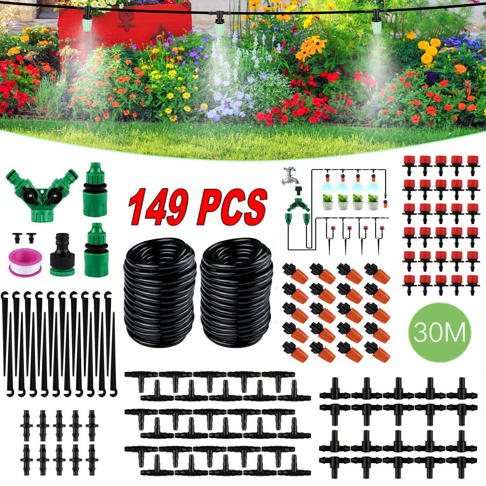 100ft Drip Irrigation System Plant Timer Self Garden Watering Hose Spray Kit USA