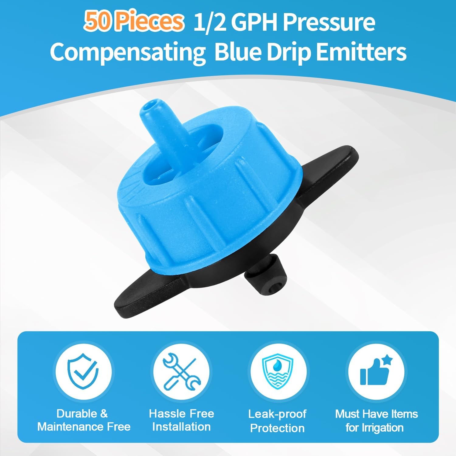 50 Pack 1/2 Gallon Per Hour Pressure Compensating Drip Irrigation Drippers, Oran
