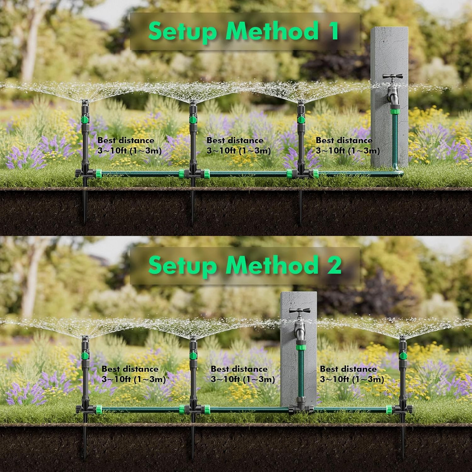 Flexible Sprinkler System with Metal Spike Base, above Ground DIY Irrigation Kit
