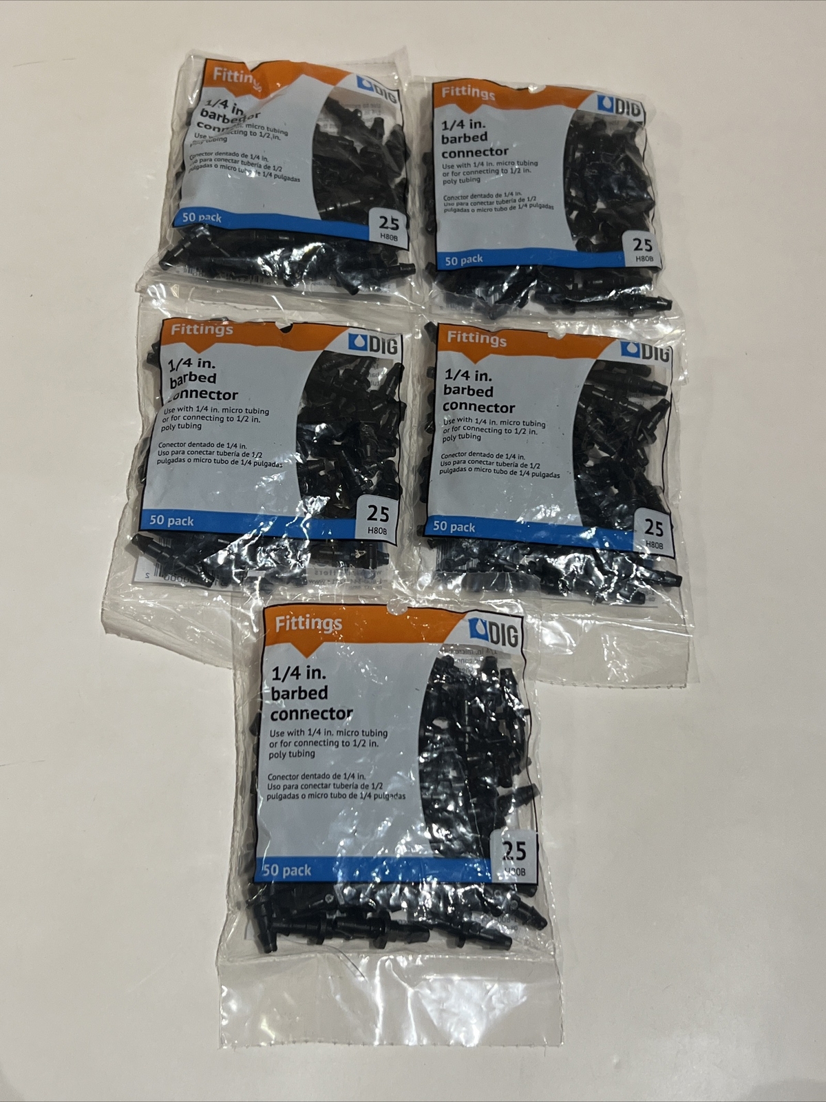 250 DIG H80B 1/4 In. Barb Connectors Hose Drip Line 25 PSI. 250Piece Lot of 5