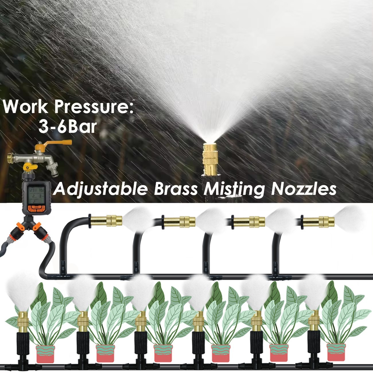 Outdoor Misting Cooling System Brass Nozzles 5-30M Patio Greenhouse Kit