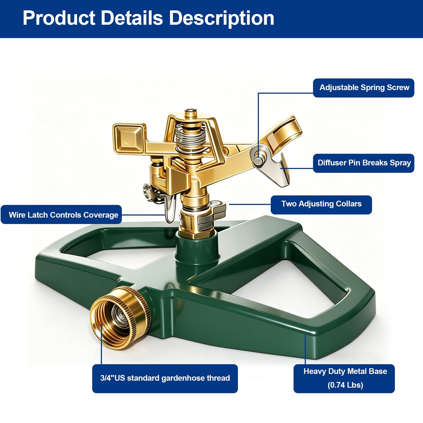 Hourleey Impact Pulsating Lawn Sprinkler Metal Base 360° Adjustable 5800 Sq Ft