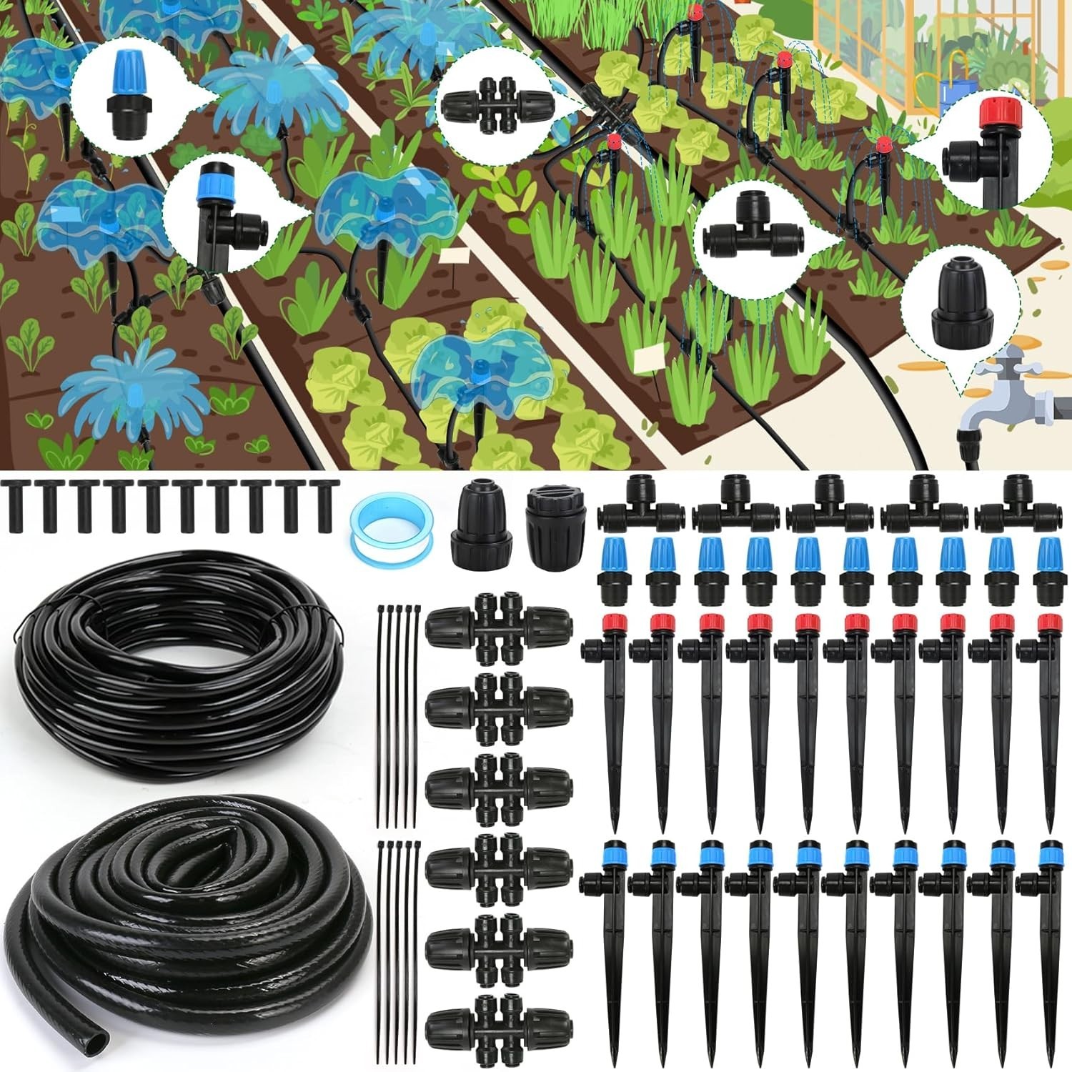 Efficient Garden Watering System 190FT Drip Irrigation with Adjustable Nozzles