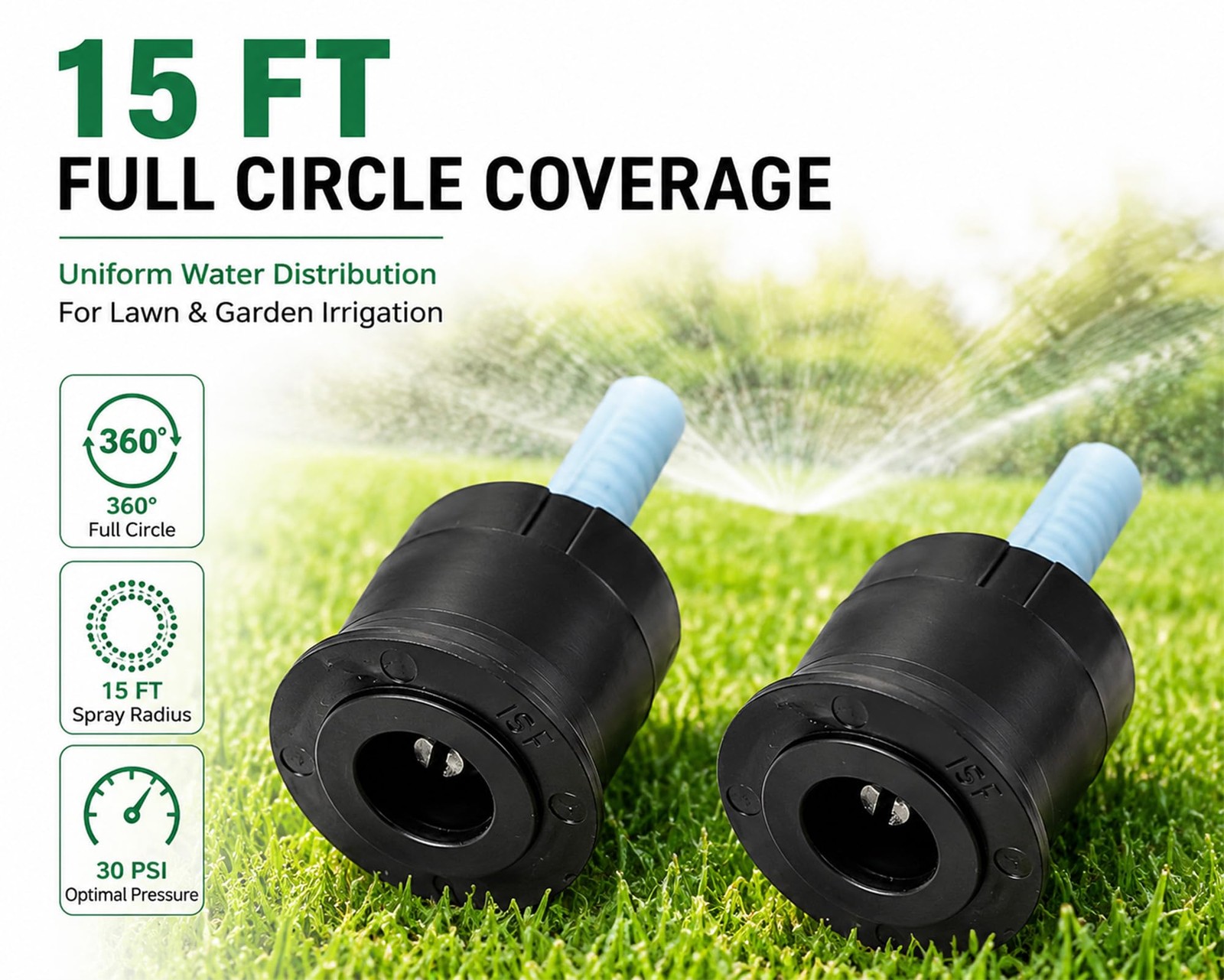 10 Pack 15 ft Full Circle Sprinkler Nozzle 360 Degree Spray Head, 30 PSI Opti…
