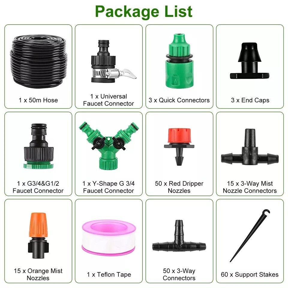 164ft Hose Drip Irrigation Kit Garden Watering System 3/4 & 1/2 Faucet Connector