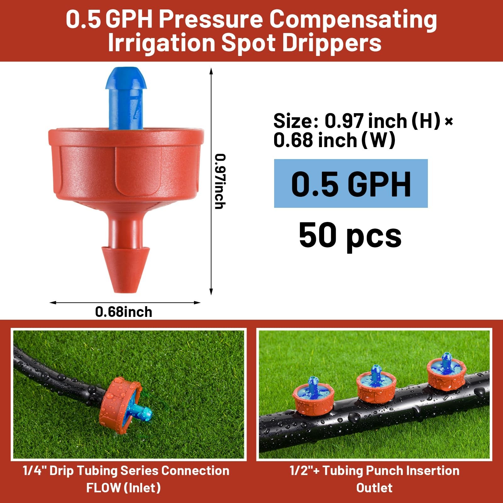50 PCS 0.5 GPH Pressure Compensating Drip Irrigation Spot Watering Dripper, G…