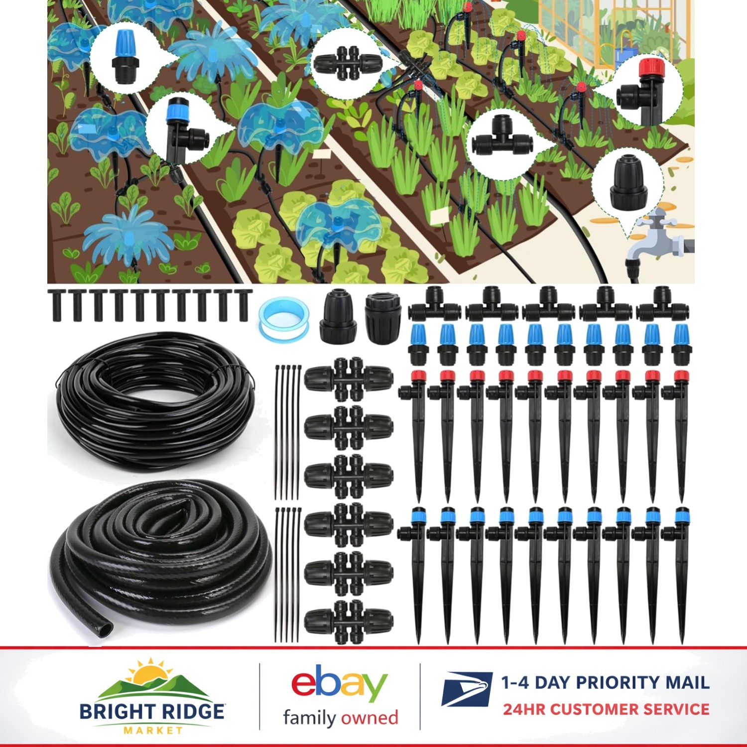 Efficient Garden Watering System 190FT Drip Irrigation with Adjustable Nozzles