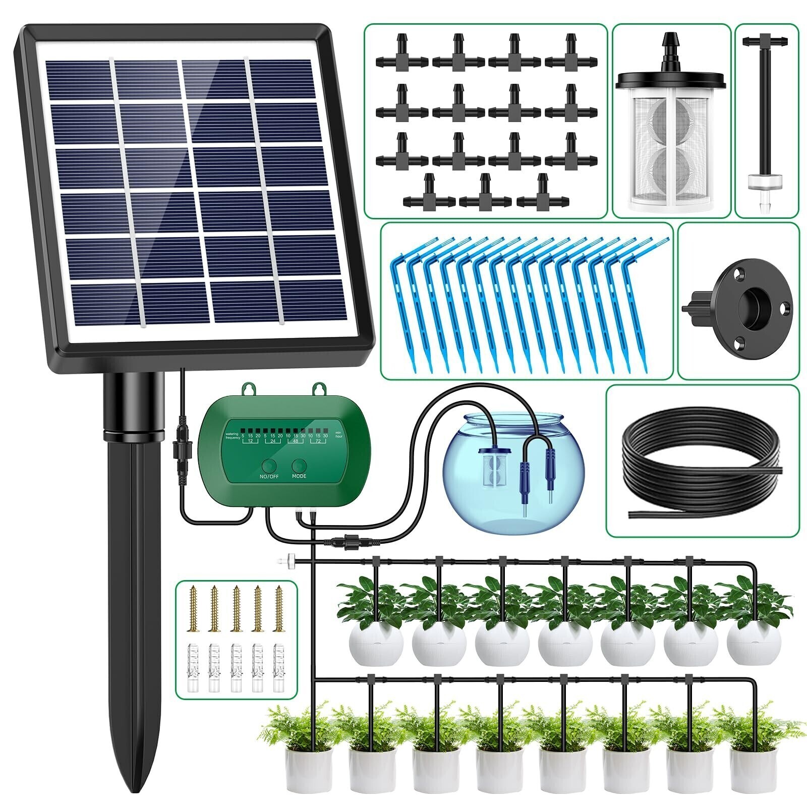50FT Solar Power Self Watering System Drip Irrigation Kit Plant Timing Garden