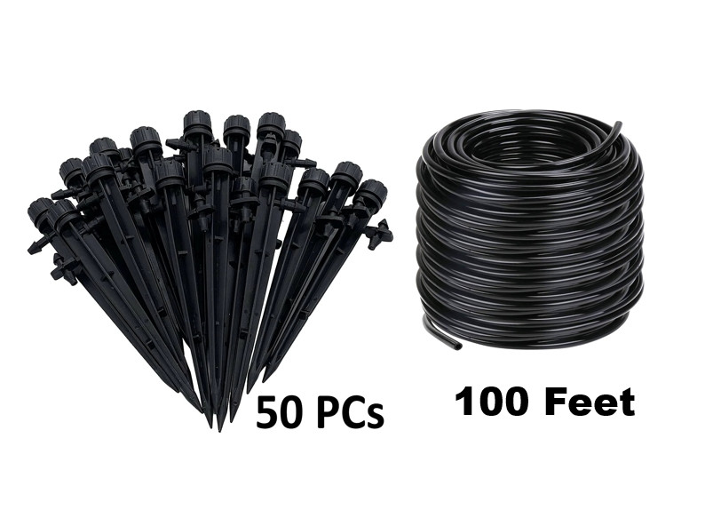 50 PCS Irrigation Drippers Stake Emitter and 100 feet 1/4 inch Tube Hose