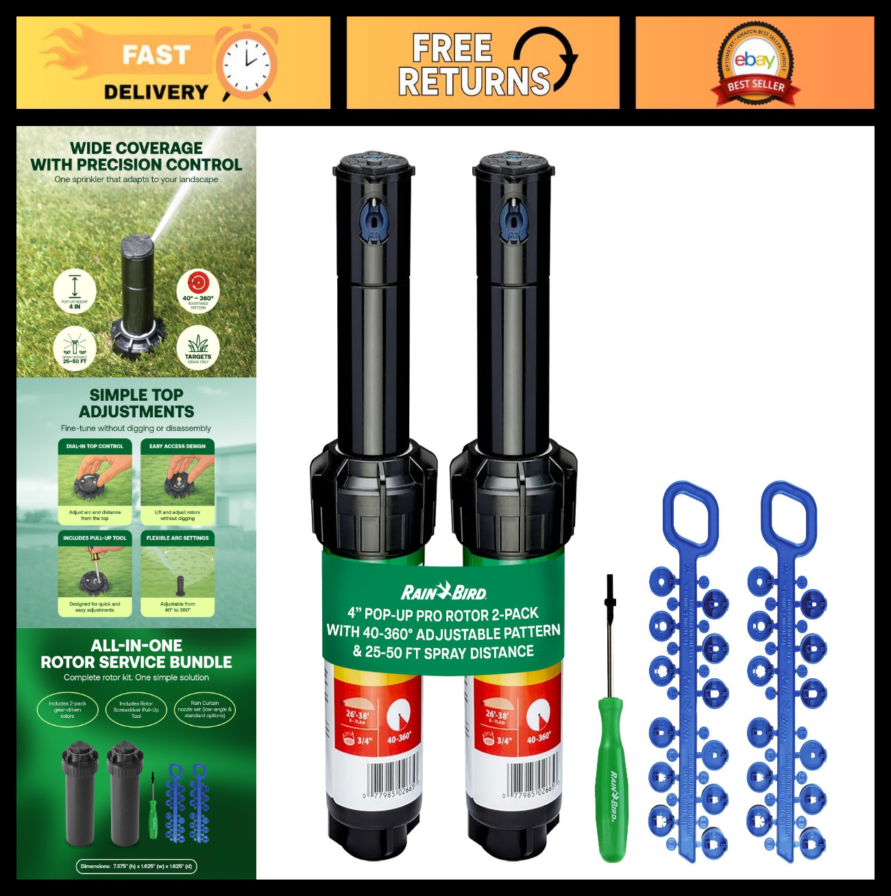 5000 Series Rotor Sprinkler Nozzle Set 2 Pack + Screwdriver Tool – 3/4″ Inlet, 4