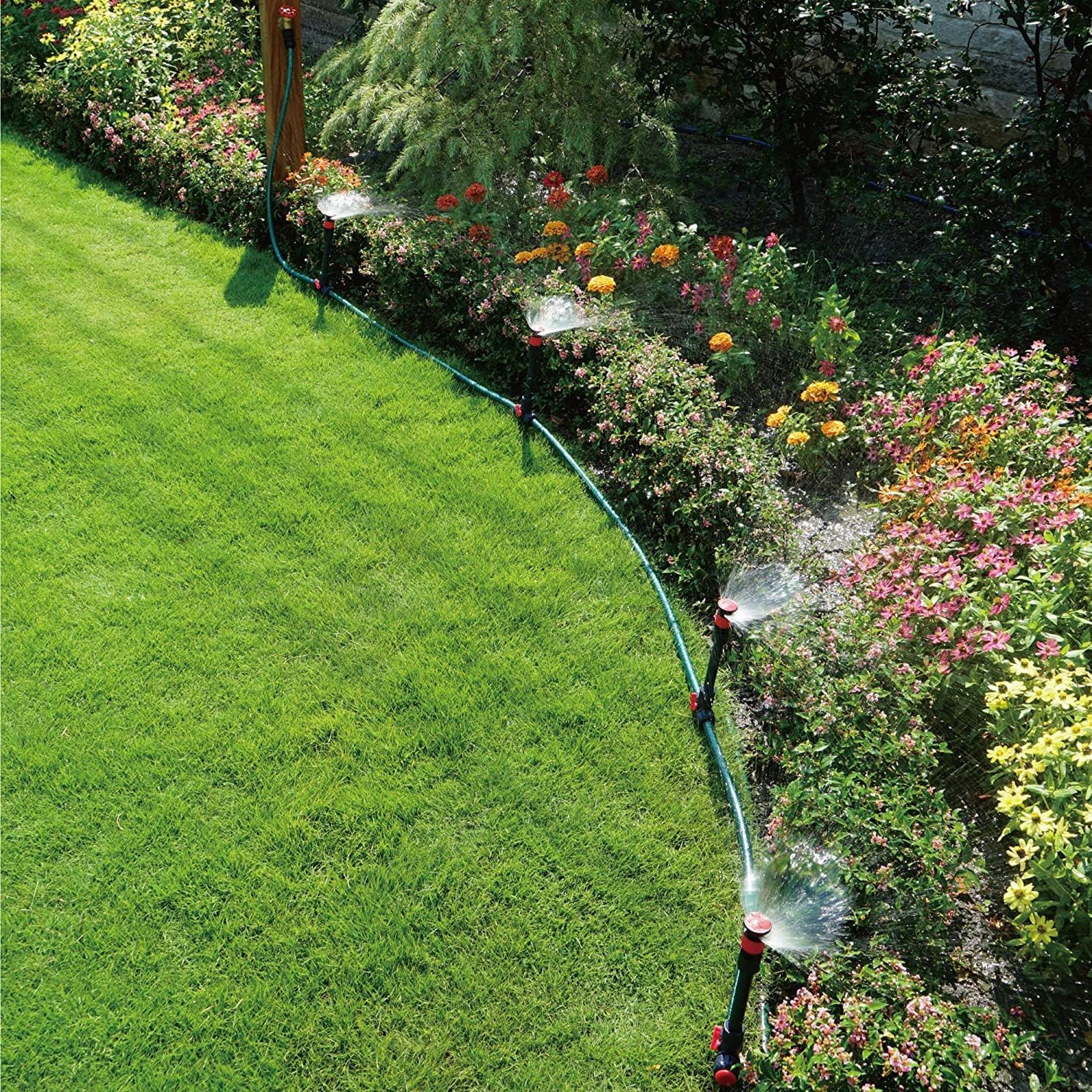 Garden Sprinkler System Multi-Adjustable Flex Design 4 Sprinklers 50 ft Hose