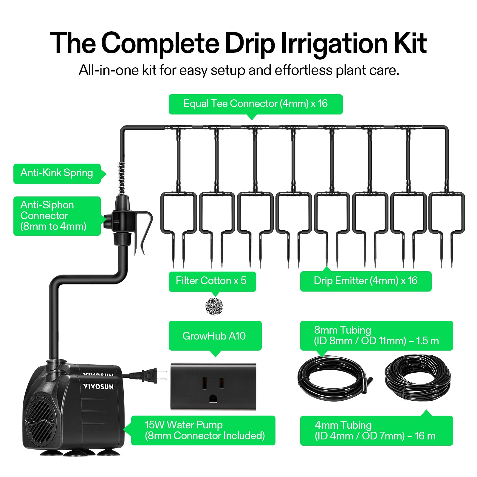 VIVOSUN Automatic Drip Irrigation Kit Watering System w/ 16 Emitters A10 Control