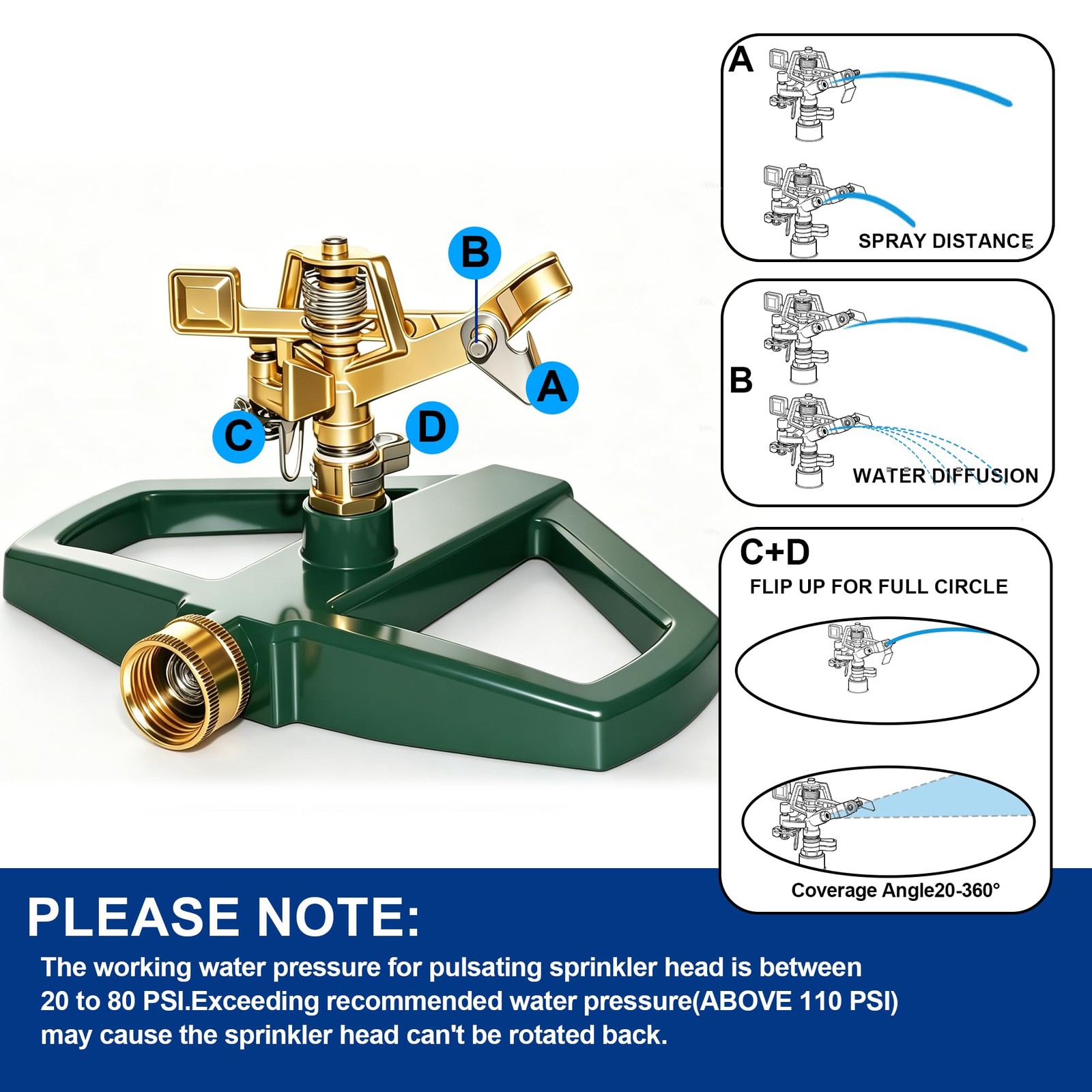 Hourleey Impact Pulsating Lawn Sprinkler Metal Base 360° Adjustable 5800 Sq Ft