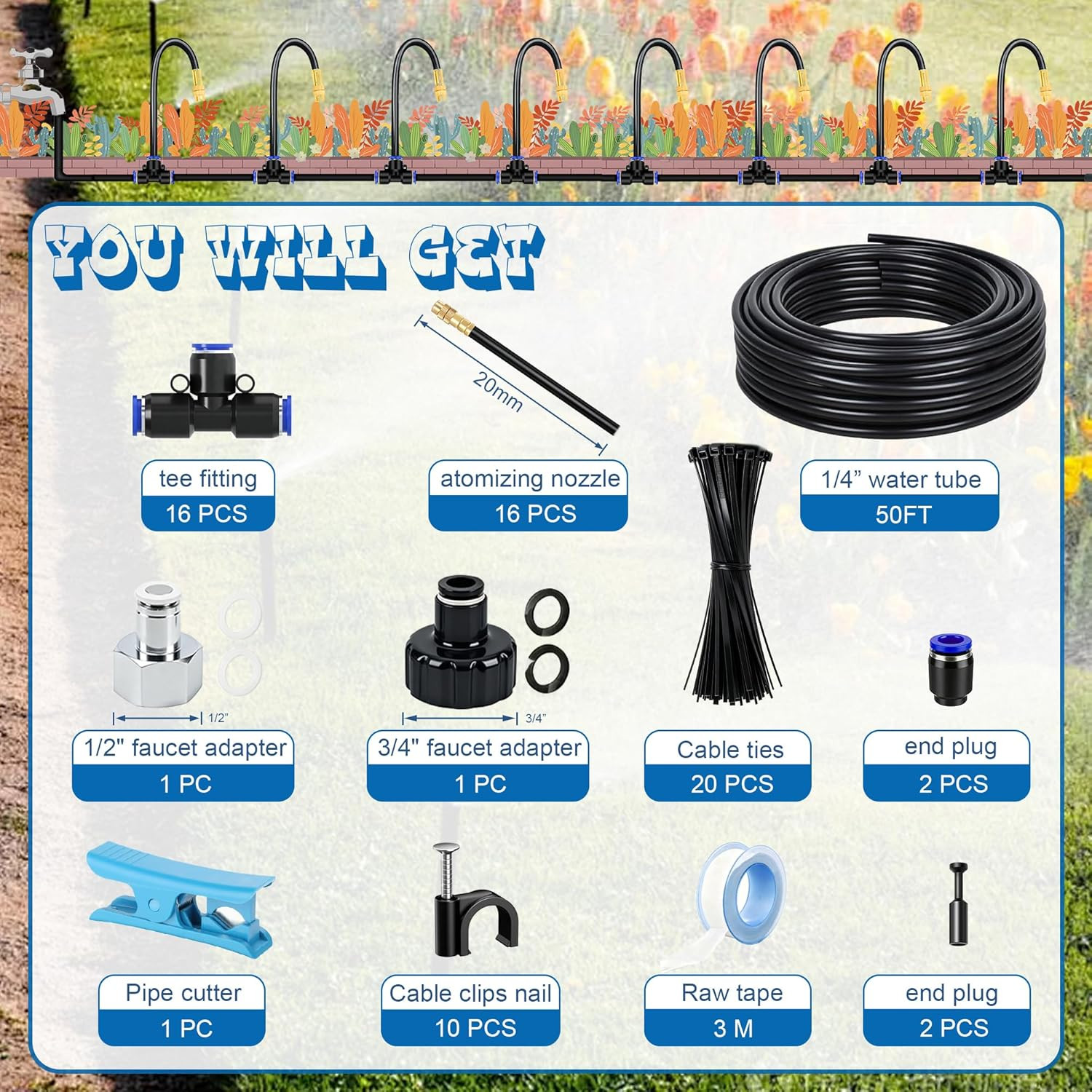 Dianrui Drip Irrigation System—50Ft 1/4″ Garden Watering System with 16Pcs Coppe