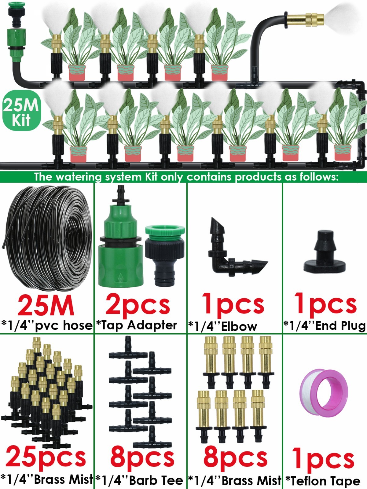 Outdoor Misting Cooling System Brass Nozzles 5-30M Patio Greenhouse Kit