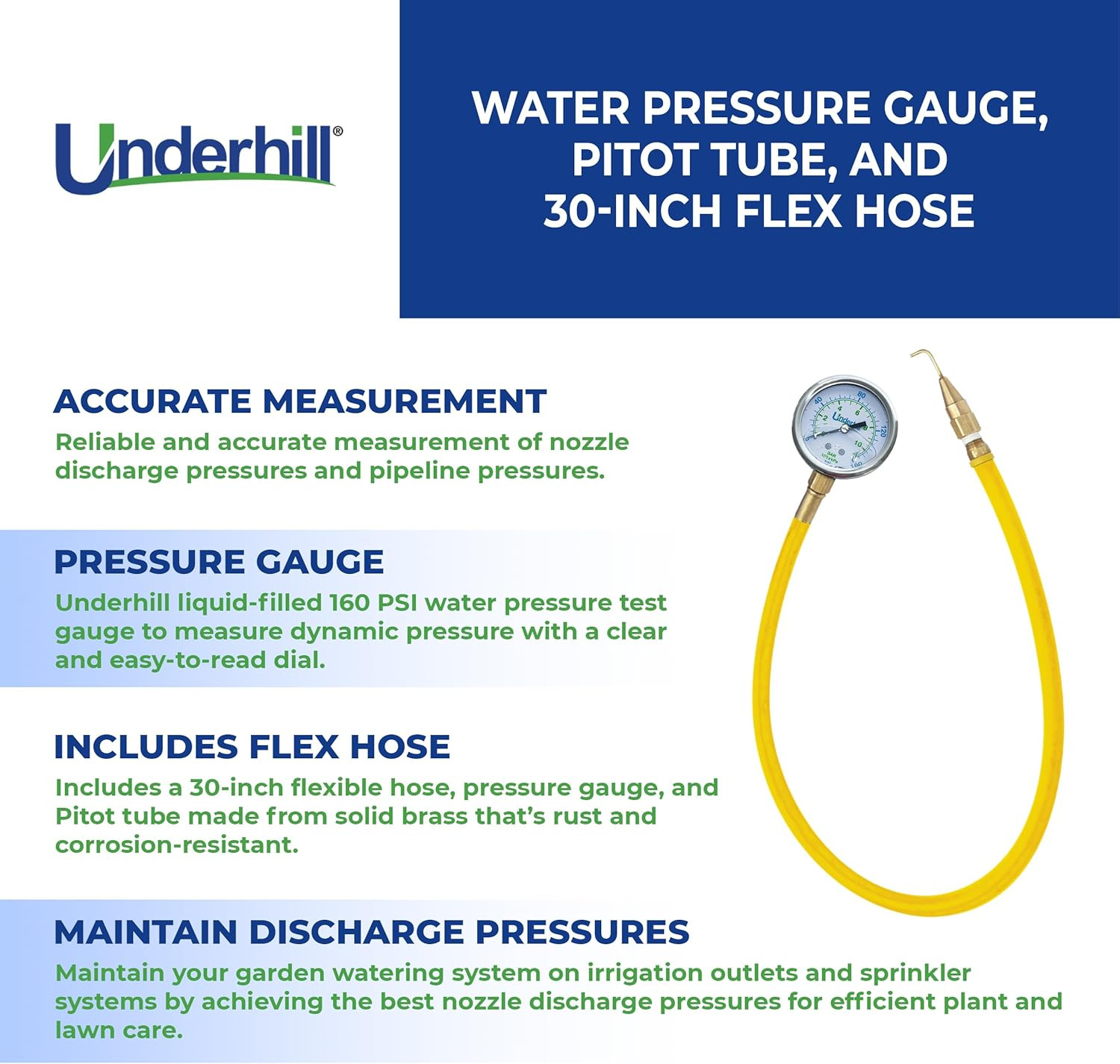 Headchecker 160 PSI Water Pressure Gauge with Pitot Tube & 30″ Flex Hose