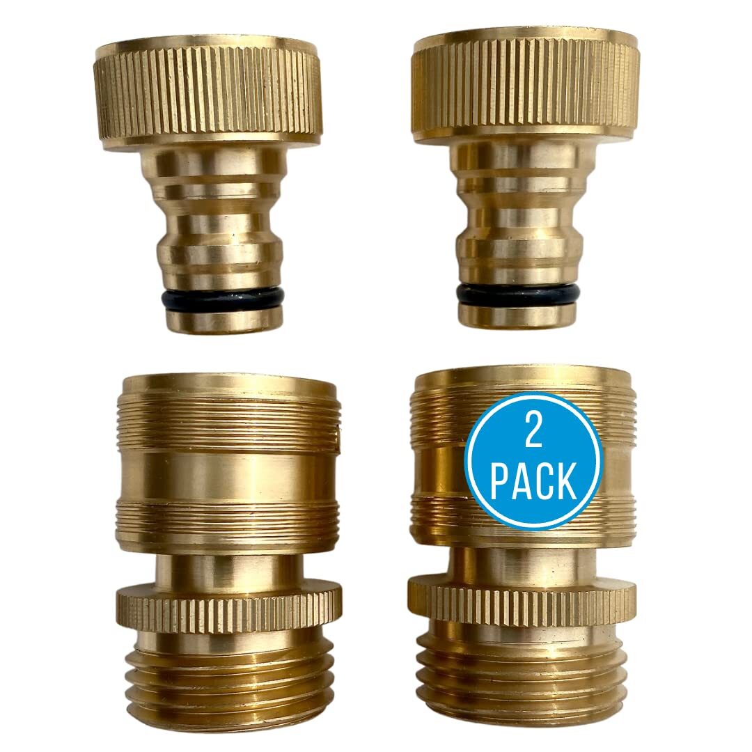 Quick Connector Garden Hose Fittings (2 Pack) – Leak Free – 3/4″ – Solid Brass