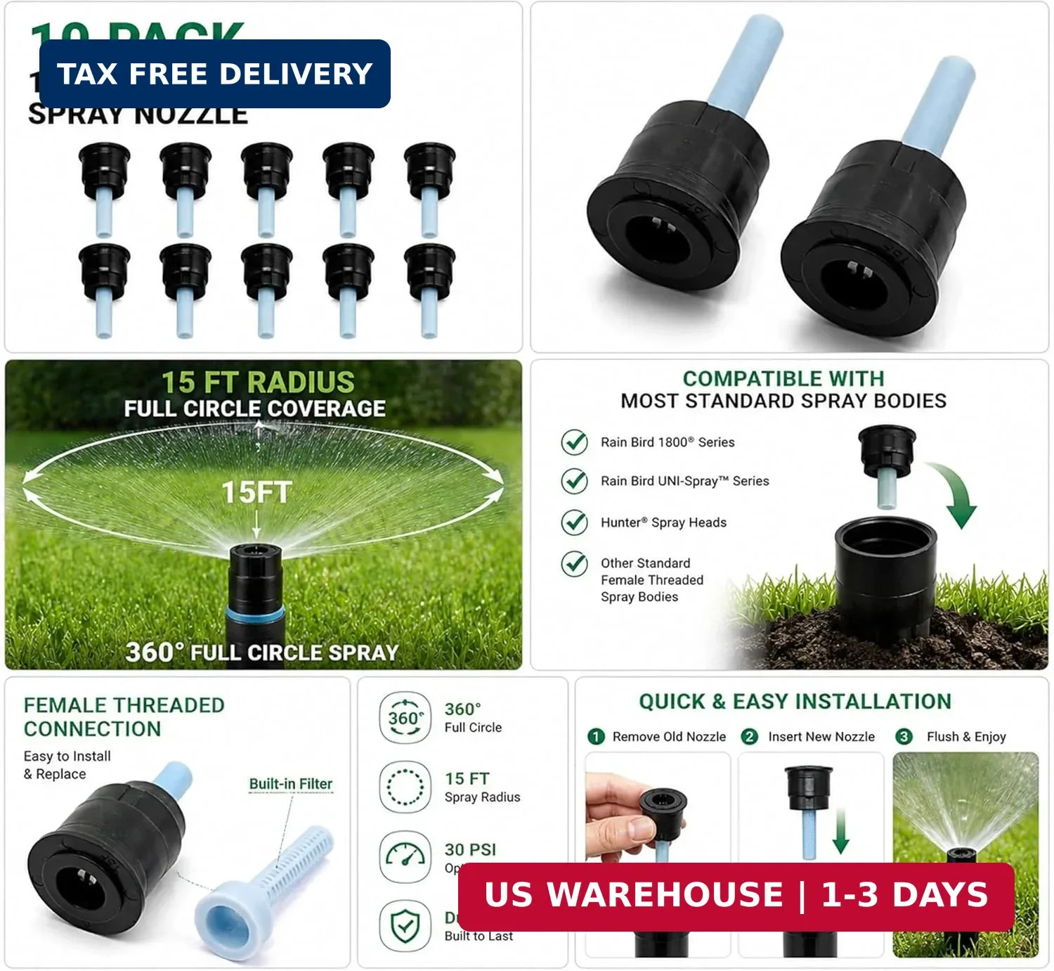 10 Pack 15 ft Full Circle Sprinkler Nozzle 360 Degree Spray Head, 30 PSI Optimal