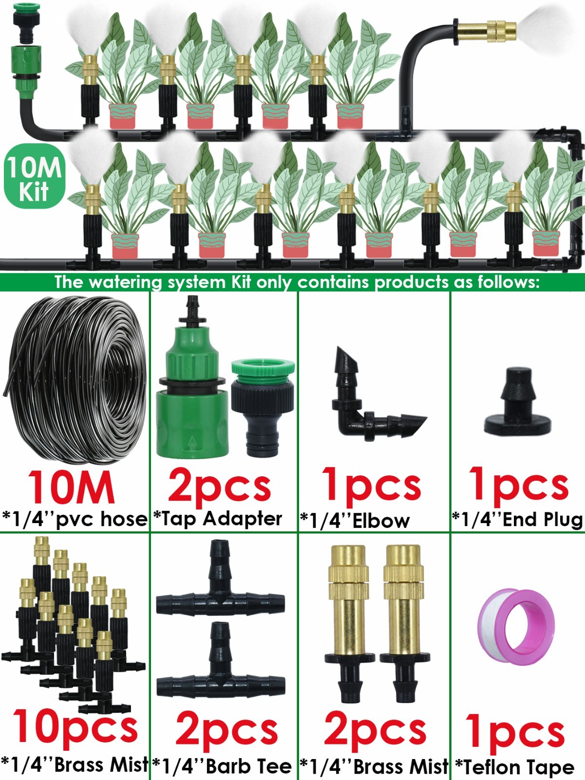 Outdoor Misting Cooling System Brass Nozzles 5-30M Patio Greenhouse Kit