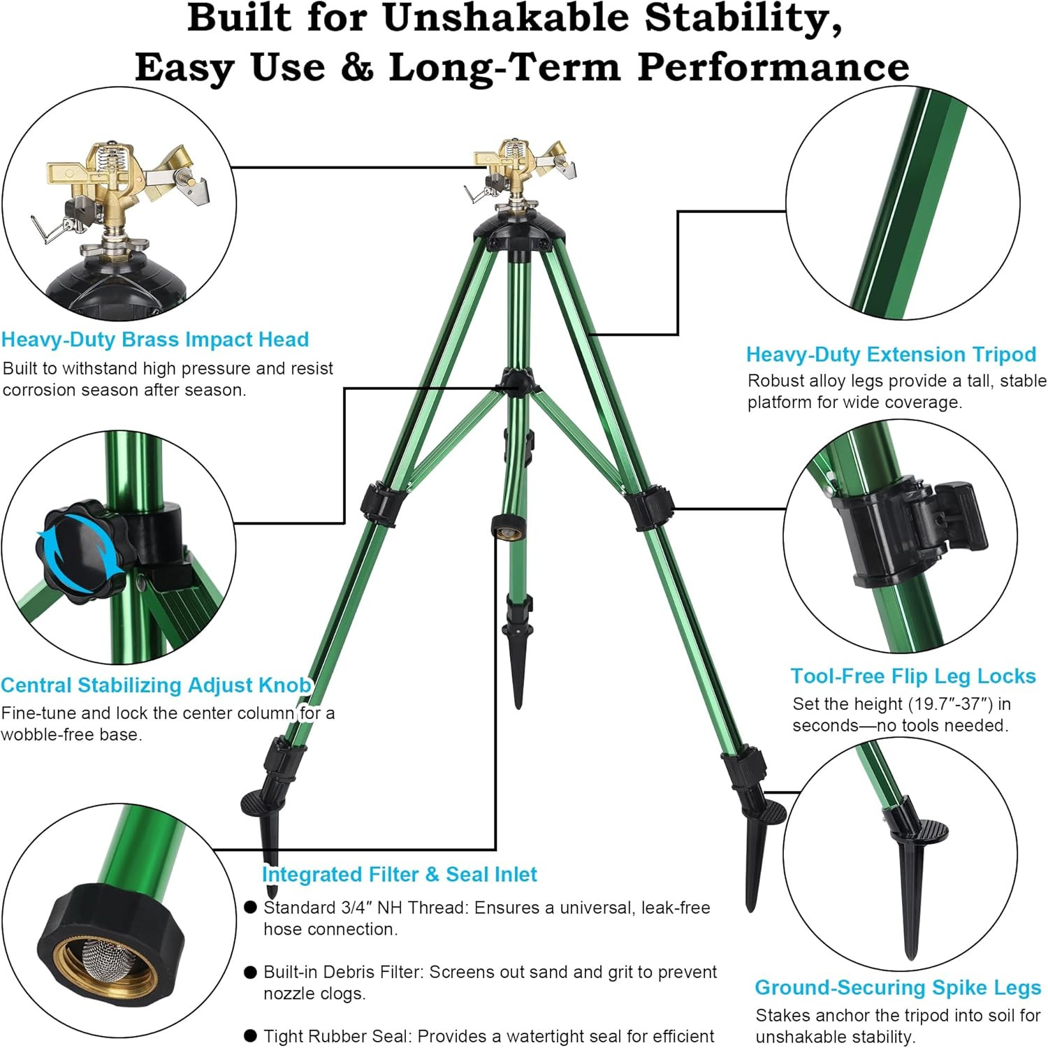 Impact Sprinkler on Tripod Base, 360° Adjustable Brass Sprinkler Head with Stake