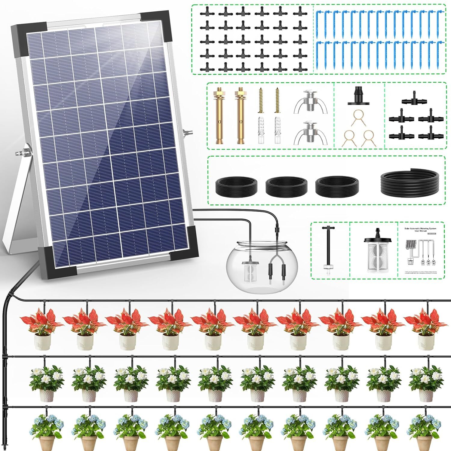 100/50ft Solar Irrigation System for Automatic Plants Watering, Drip Irrigation