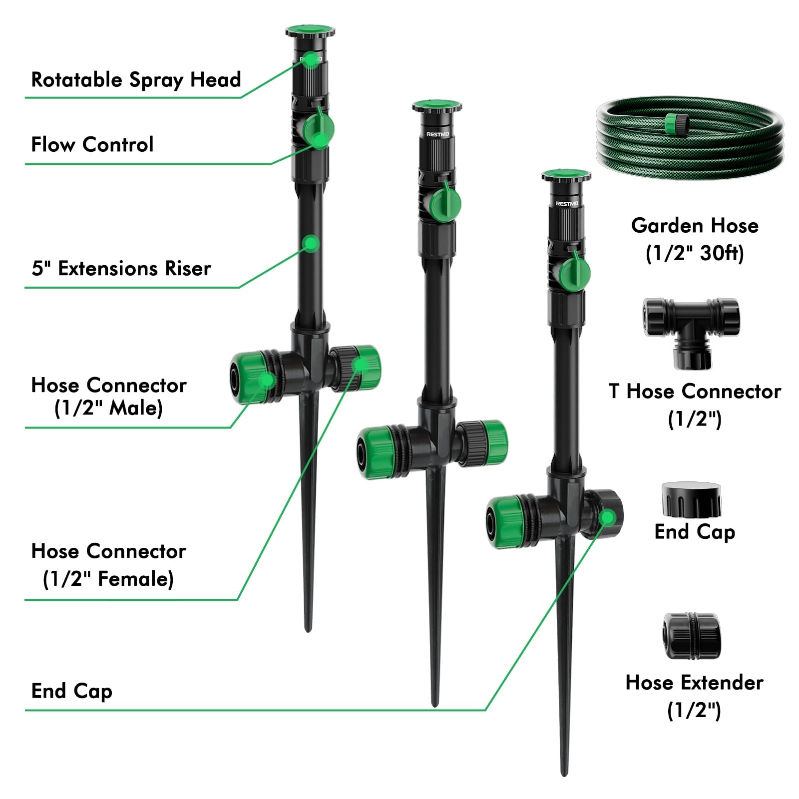 RESTMO Flexible Sprinkler System with Metal Spike Base, Above Ground DIY Irri…