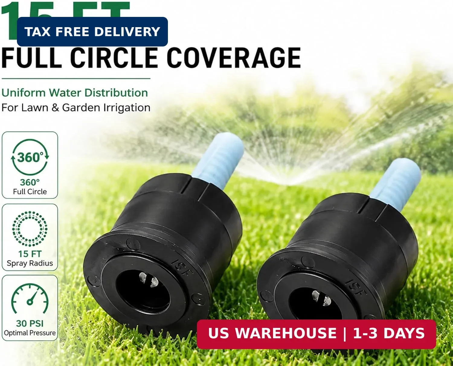 10 Pack 15 ft Full Circle Sprinkler Nozzle 360 Degree Spray Head, 30 PSI Optimal